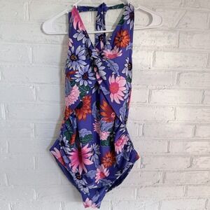 Old Navy Bathing Suit Purple Floral V-Neck One-Piece Swimsuit‎ Size Medium